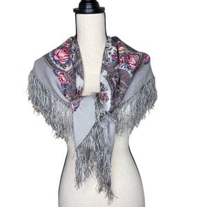 Pavlo Posad Russian Wool Gray, Ivory & Pink Floral Shawl/Scarf 32”X35” Vintage